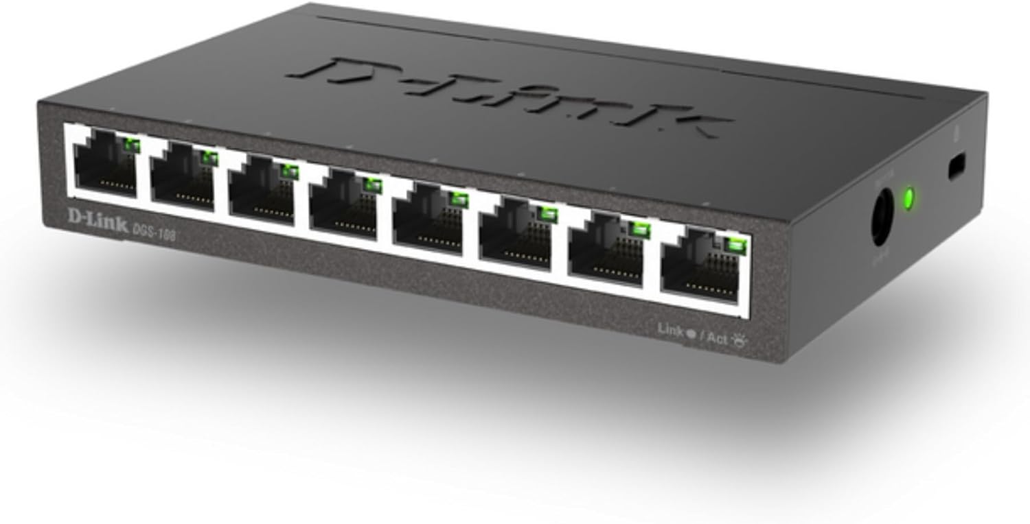 D-Link DGS 108 8 Port Gigabit Ethernet Switch Unmanaged, Plug & Play Network Splitter Silent Fanless Metal Desktop/Wall Mount QoS, IEEE 802.3az Energy Saving Limited Lifetime Protection
