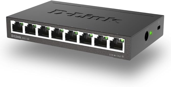 D-Link DGS-108, 8 Port Gigabit Ethernet Switch Unmanaged, Network Splitter, Silent Fanless, Network Hub, Sturdy Metal with Shielded Ports, Compact Desktop/Wall Mount, QoS, Energy Saving, Plug and Play
