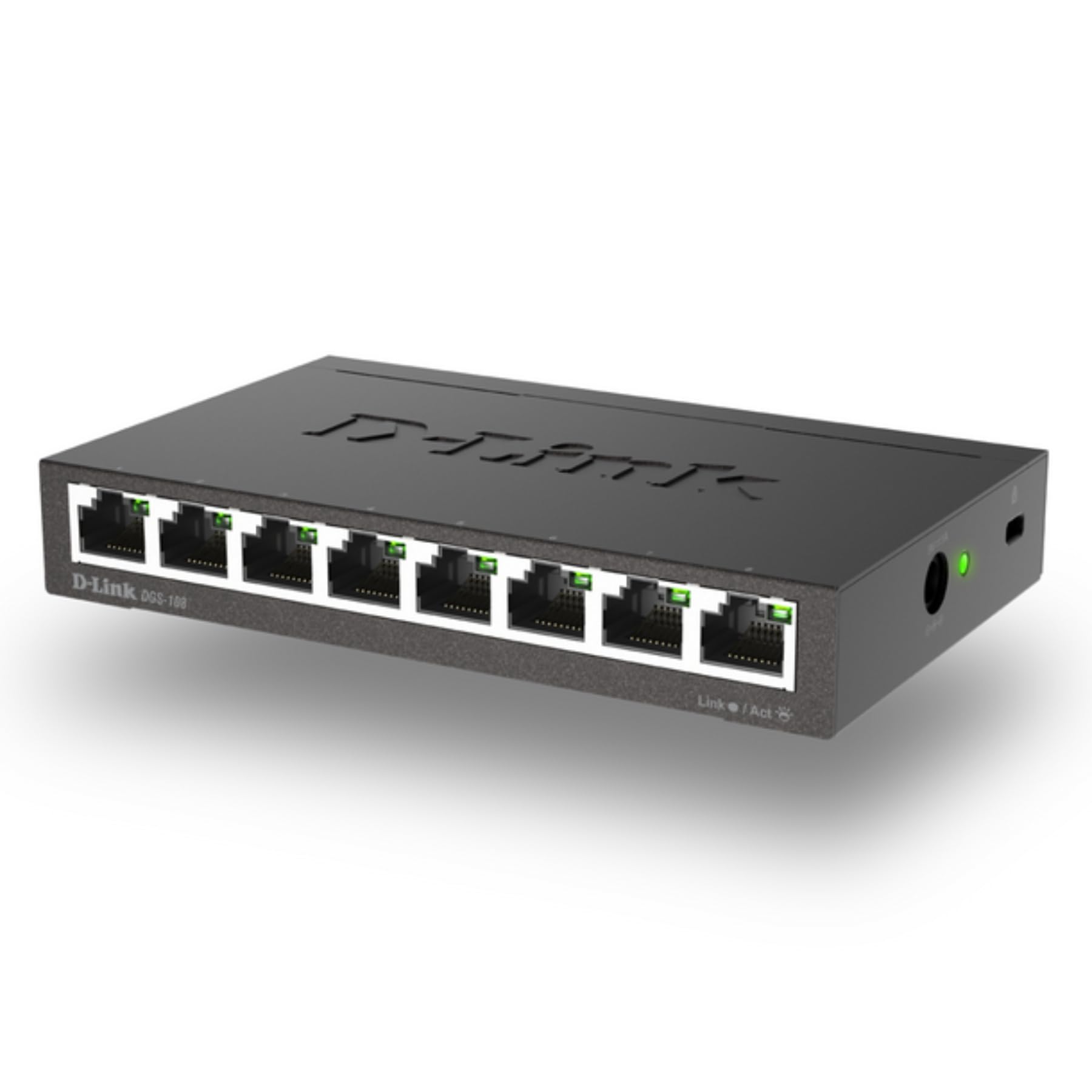 D-Link DGS-108 Conmutador Gigabit Layer2 de 8 puertos, hasta 1000 Mbps de transferencia de datos por puerto, arquitectura sin bloqueo, sin ventilador, carcasa metálica, negro