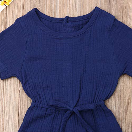 Mubineo Toddler Baby Girl Summer Fall Basic Plain Short Sleeve Cotton Linen Drawstring Romper Jumpsuit (Royal Blue, 2-3T) #TOP4