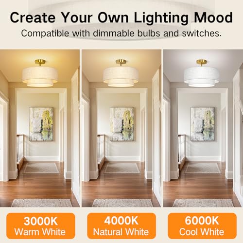 OUTON 16" Semi Flush Mount Ceiling Light Double Drum Gold 3-Light, Modern Linen Fabric Shade Ceiling Light Fixture for Living Room, Bedroom, Kitchen, Dining Room, Hallway and Entryway by OUTON - Used condition - Image 2