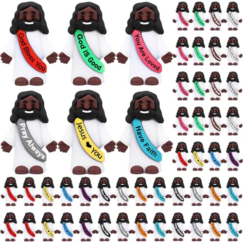 Bememo 50 Pcs Little Black Jesus Figures Original Design Mini Rubber Figures to Hide and Seek Religious Party Favors Sunday Baptism Gifts