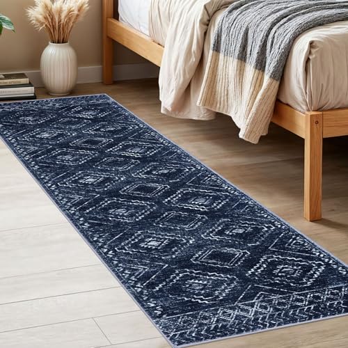 KILOCOCO Boho Kitchen Runner Rug 2x6 Washable Runner Rug, Soft Runners for Hallways Non Slip Printed Distressed Laundry Room Rugs, Low-Pile Rugs for Entryway/Bedroom/Living Room, Dark Blue