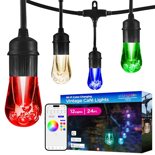 Enbrighten Vibe Vintagе Outdoor String Lights 2, 24ft, 12 RGBWIC Shatterрroof Acrylic Bulbs, Waterрroof, Patiо, Backyard, Gamеday, Holiday, Smart App, Works with Alеxa, Google Home, 86127