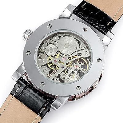 Men's Fashion Mechanical Wristwatch Transparent Dial with Skeleton Design Leather Band Automatic Manual-Winding Watch