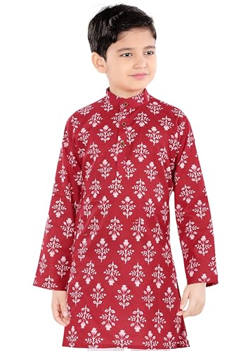 Image of TinySteps Boys Cotton Kurta Pajama | Traditional Ethnic Wear Pure Cotton Printed Kurta With Elastic Waist White Pajama
