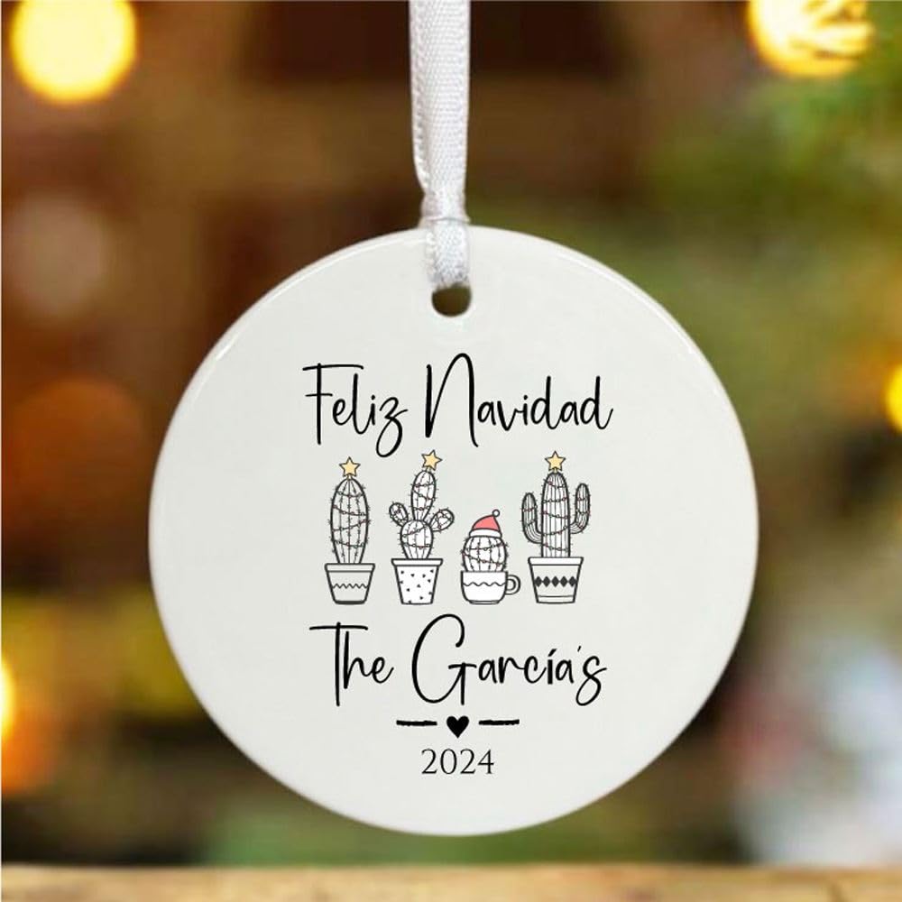 Luck And Luck White Personalised Feliz Navidad Christmas Hanging Bauble, Spanish Christmas Decoration, Feliz Navidad Ornament, Family Name And Year