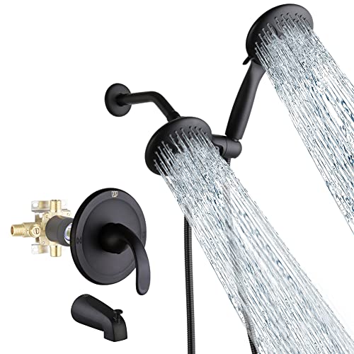 Black Dual-Function Shower Faucet Set with Tub Spout Bathroom High Pressure 35 Setting Dual 2 in 1 Shower System with Handheld Shower Head 3-way Water Diverter Shower Trim Kit with Rough In Valve