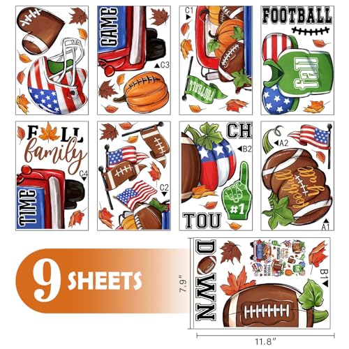 Mfault Fall Family Football Window Clings 9 Sheets, Autumn Game Time Red Truck Pumpkin Stickers Decals Decorations, Touch Down Rugby Jersey Helmet Seasonal Home Kitchen Decor