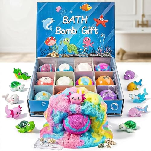 STOAT Badebomben Kinder mit Überraschung 6/12Stück Geschenkbox mit Spielzeug Natürliche Bio Sprudelbad Sanfter Badezusatz für Jungen und Mädchen (12Stück)