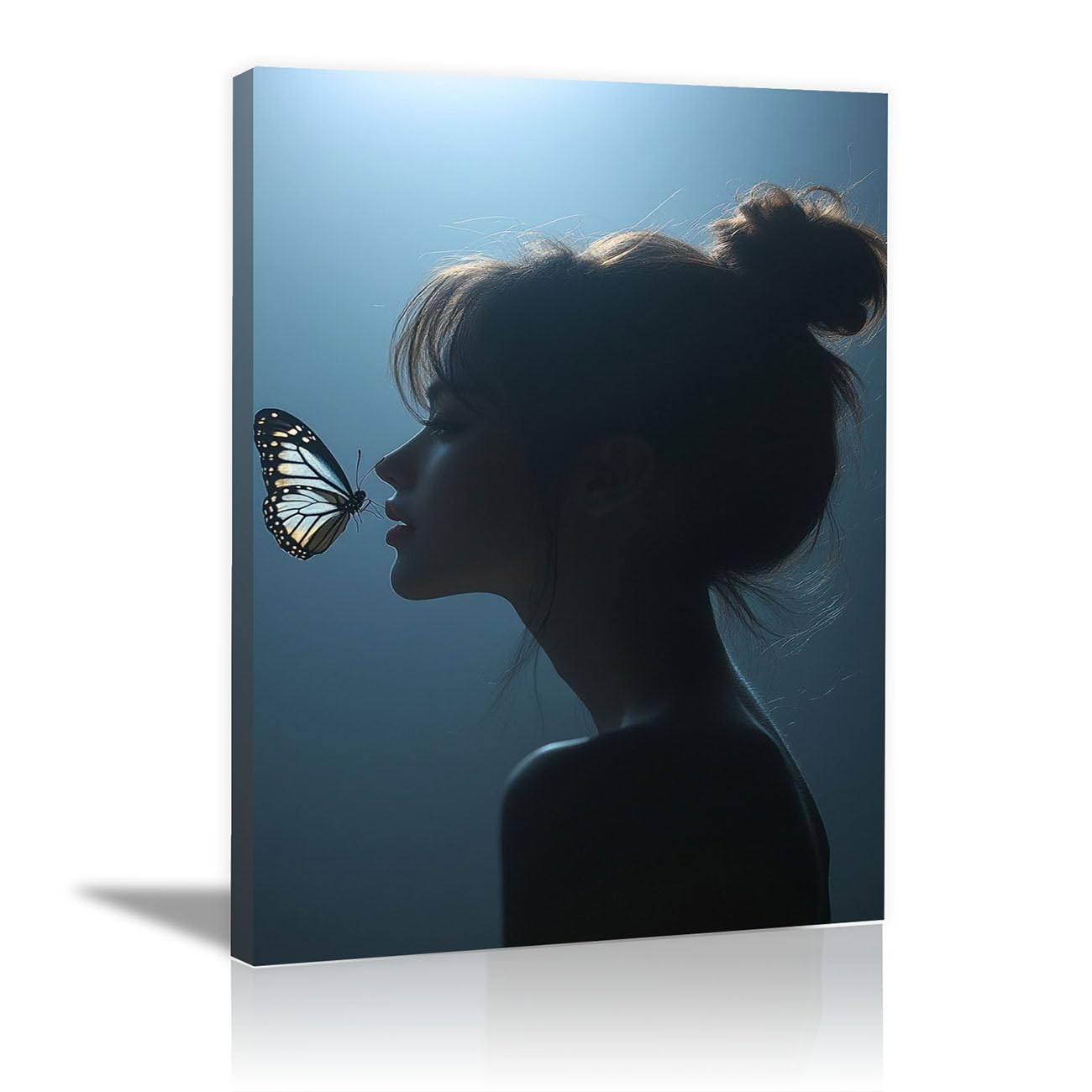 QUSAAOU Fashion Portrait Canvas Wall Art Butterfly Girl Silhouette For Living Room Bedroom African American Decor For Home Afro Woman Poster And Prints(Misty blue)-30x45cm1 Framed