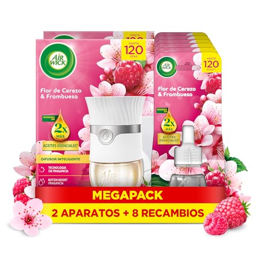 Air Wick Eléctrico Aparato y recambio de ambientador automático eléctrico, con aroma a Flor de Cerezo & Frambuesa - 2 Aparatos + 8 Recambios