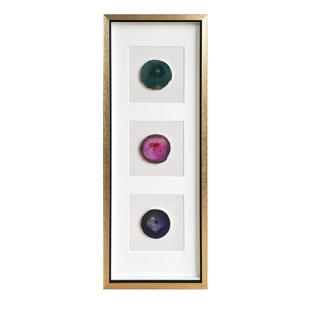 ARTECORS Modern 13x34 inch Trio Multicolor Agate Framed Wall Decor 4 inch Golden Plated Geode Stone Artwork for Restaurant Room Bedroom Home Décor