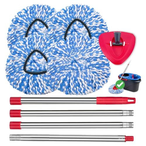 4 Pack Spin Mop Replacement Heads Compatible for O Ceda RinseClean 2 Tank System Microfiber Mop Refills Deep Cleaning with 4.33in Core Base and Handles