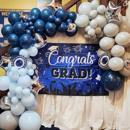 Image of Blue Silver Balloons Set, 12 Inch Blue and Silver Balloons Dark Navy and Confetti Party Latex Balloon, Macaron Metallic Baby Blue Mixed Balloon for Birthday Graduation Baby Shower Wedding Retirement