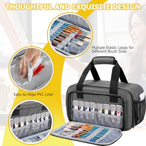 Image of Yolispa Acrylic Paint Organizer Bag, Art Supply Storage Case for up to 54 Bottles (2 oz) with Handle Strap and Detachable Inner Divider, Aluminum Foil Liner for Easy Cleaning, Art Bags for Supplies