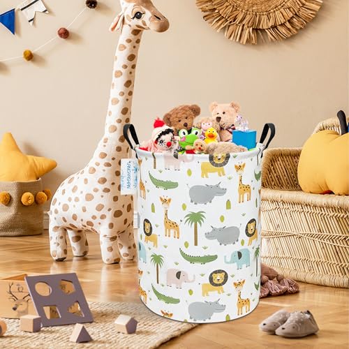 Image of Round Laundry Basket Collapsible Storage Hamper Organizer Animal | Waterproof Canvas Foldable Baskets with sturdy Handles Multi-scene Organizer for Home Play Bedroom Gift Bin