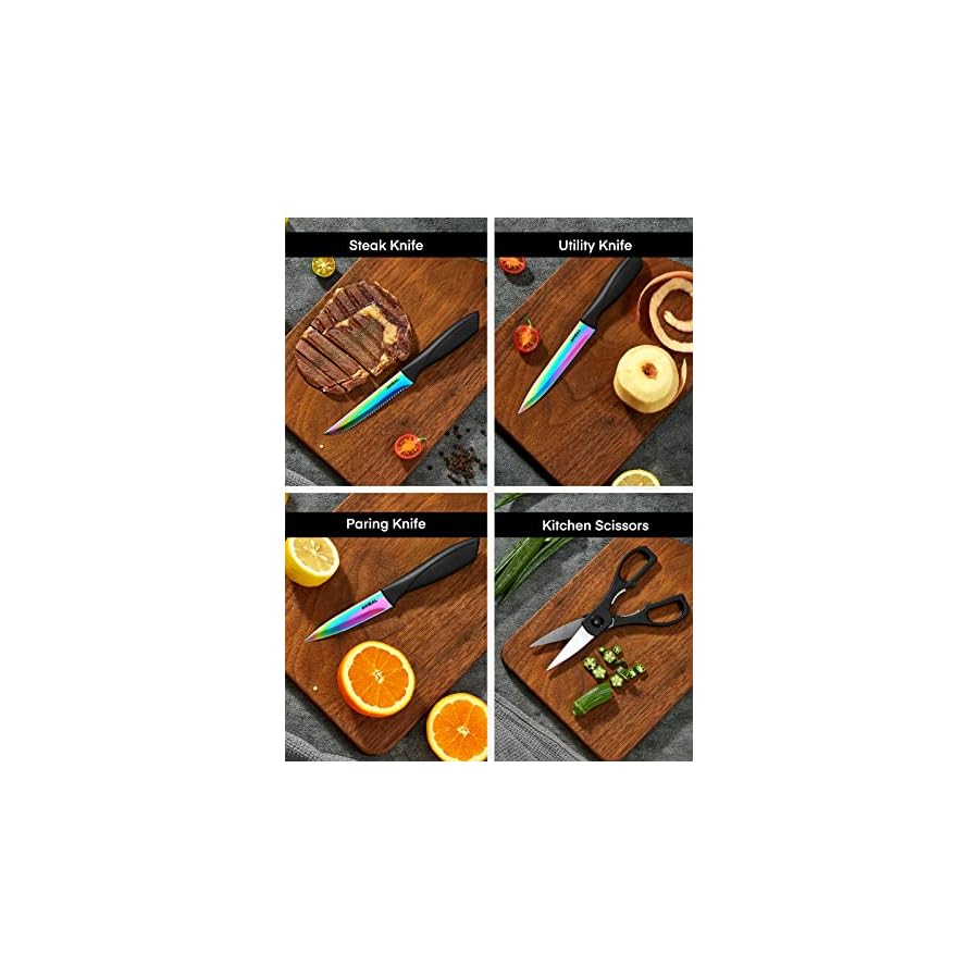 Knife-Set-16-Pieces-High-Carbon-Stainless-Steel-Rainbow-Color-Kitchen-Knife-Set-Titanium-Coating-Blade-No-Rust-and-Super-Sharp-Cutlery-Knife-Set-with-Acrylic-Stand-and-Kitchen-Scissors-Gift 16 Pieces High Carbon Stainless Steel Rainbow Color Kitchen Knife Set, Titanium Coating Blade, No Rust and Super Sharp Cutlery Knife Set with Acrylic Stand and Kitchen Scissors, Gift