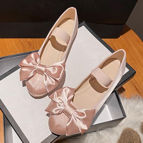 Dear Time Bowknot Satin Ballet Flats Elastic Strap Cute Round Toe Shoes Slip on Pink Size 102