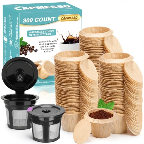 Image of 2 Reusable Keurg Cups & 300 Unbleached Keurg Coffee Pods Paper Filters with Lids,Disposable Keurg Filters Single Serve Coffee Filters Compatible with Keurg 2.0&1.0 Coffee Maker