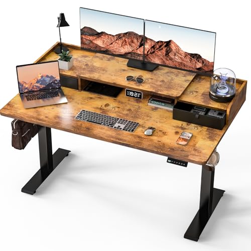 Kingant 55 x 30 Inch Standing Desk with Drawers, Adjustable Height Electric Sit Stand Desk with Storage Shelf, Rising Stand Up Computer Desk for Home Office Workstation, 3 Preset Heights