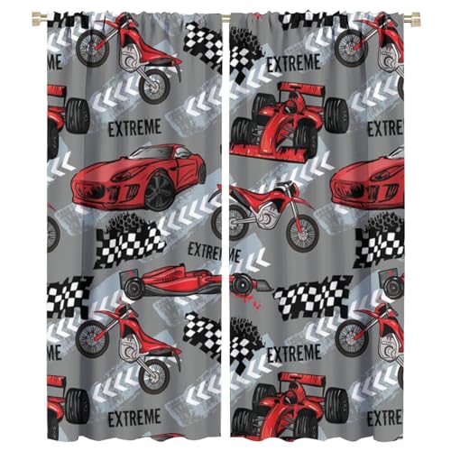 BATPLY Cartoon Speed Racer Curtains, Seamless Pattern Sports Car Motorcycle Automobile Race for Boys, Thermal Insulation Blackout Rod Pocket Window Drapes for Living Room Bedroom Bathroom 42x54 Inch