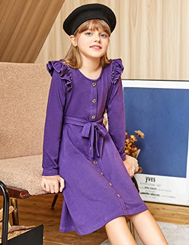 Arshiner Girl's Button Down Midi Dress Spring Casual A-Line Dress With Pockets (Purple, 13-14 Years) #TOP3