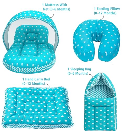 Image of Fareto Baby Bed | Carry Bag | Fedding Pillow | Hand Carry Bed | Combo of Bedding Essentials (Blue Crown)