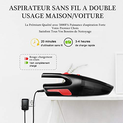 Aspirateur à Main Sans Fil,AUELEK Aspirateur Voiture Rechargeable 5000PA HEPA Cyclonique Puissante 120W Batterie Lithium 2200mAh Nettoyage Humide Sec pour Voiture Ménage Liquide Bureau Canapé Animaux - Image 5