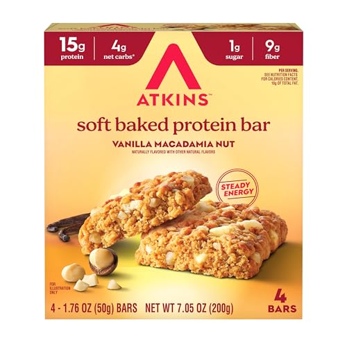 Image of Atkins Soft Baked High Protein Bars, Vanilla Macadamia Nut Flavor, 15g Protein, 4g Net Carbs, 2g Sugar, Excellent Source of Fiber, High Protein, 6 pack (4 bars each)