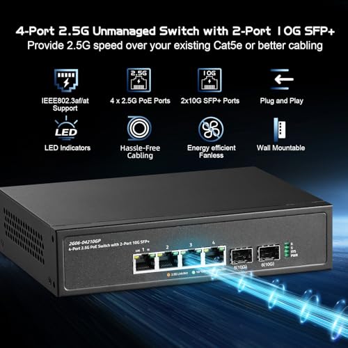 Image of Binardat 6 Port 2.5G PoE Switch with 2x10G SFP+ Port, 4x2.5G Base-T Ports Compatible with 100 /1000Mbps, IEEE802.3af /at 78W, Unmanaged Fanless Rackmount Ethernet Switch