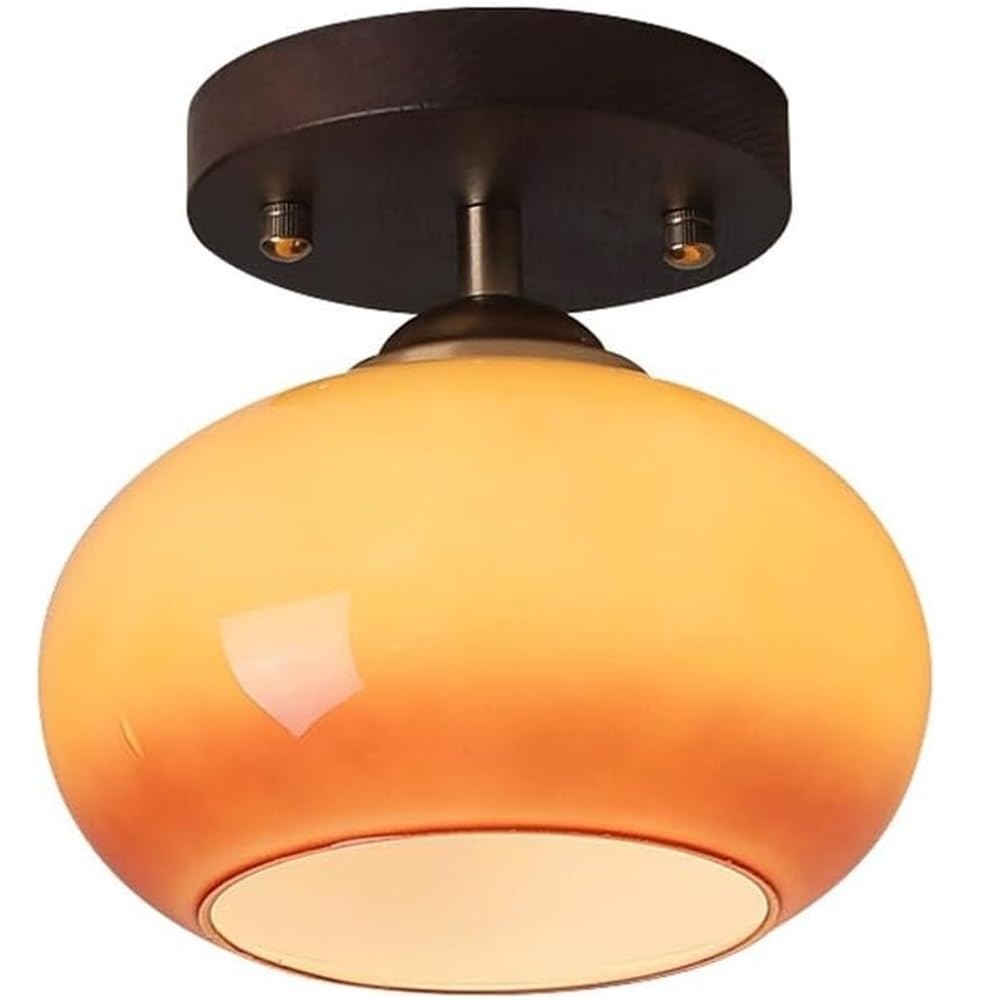 LUOYAOB Nordic Retro 7.1 in Small Ceiling Lights Glass Shade Semi Flush Mount Ceiling Lamp Ash Wood Base Ceiling Light Fixture for Bedroom Living Room Hallway Entryway Balcony