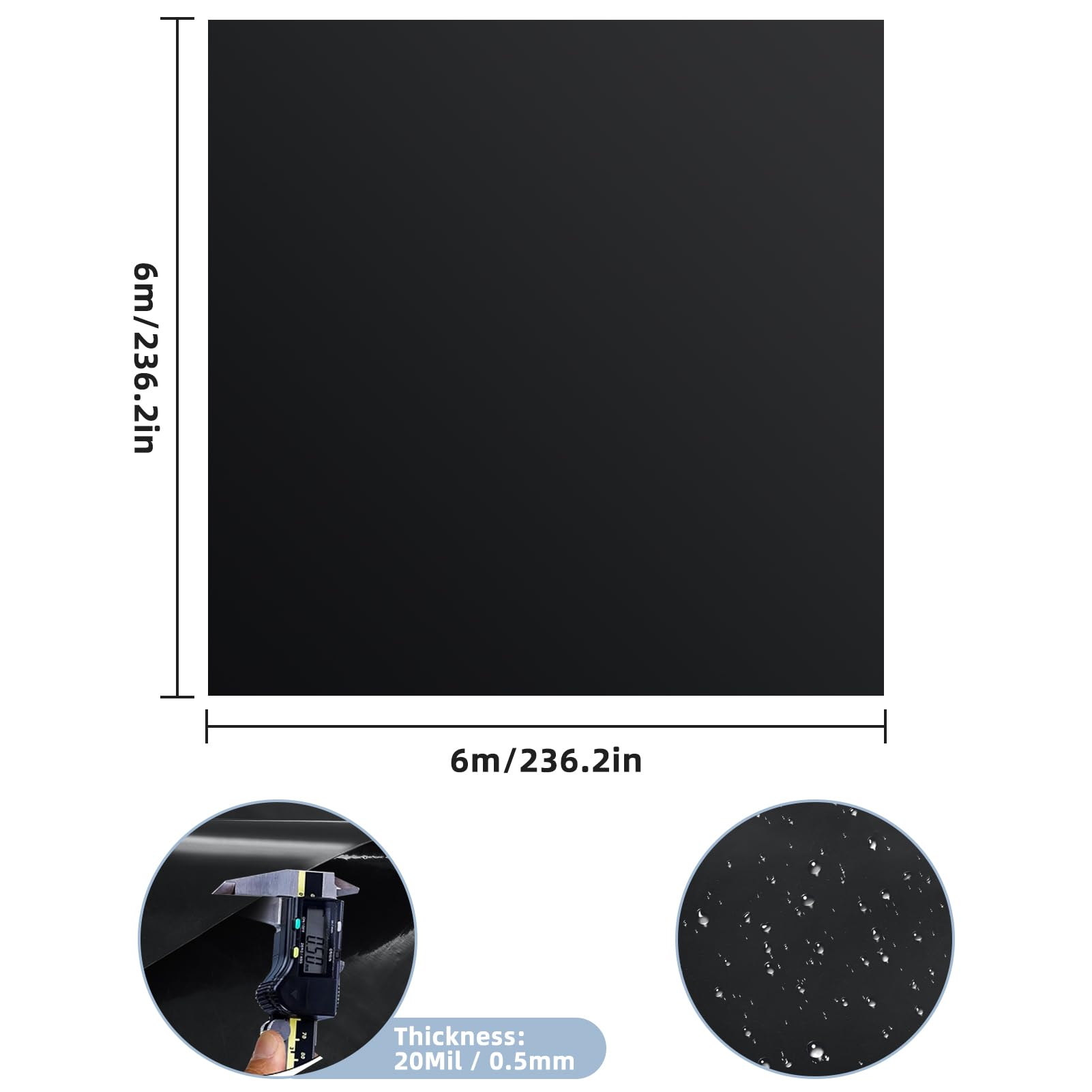 Bâche d'étang - 6 x 6 m - Épaisseur : 0,5 mm - Noir - En polyéthylène haute densité - Pour bassin à poissons, fontaine, jardin aquatique, cascade - Pour bassin de jardin