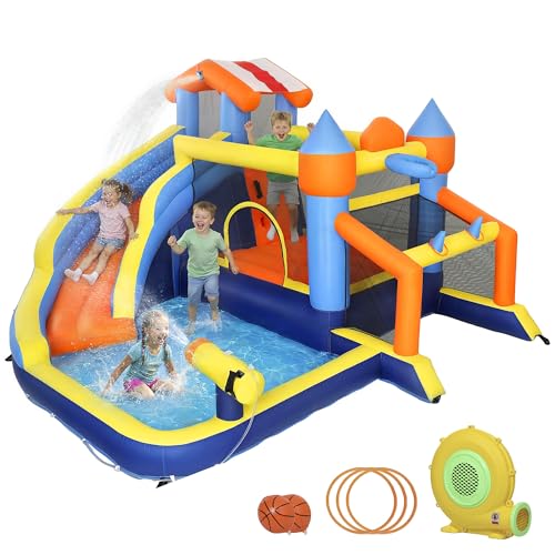 AIYAPLAY Castillo Hinchable Acuático 8 en 1 con Soplador 550W Castillo Hinchable Niños con Tobogán Zona de Salto Escalada Piscina Portería Canasta Lanzamiento de Aros Exterior Interior 350x325x210 cm