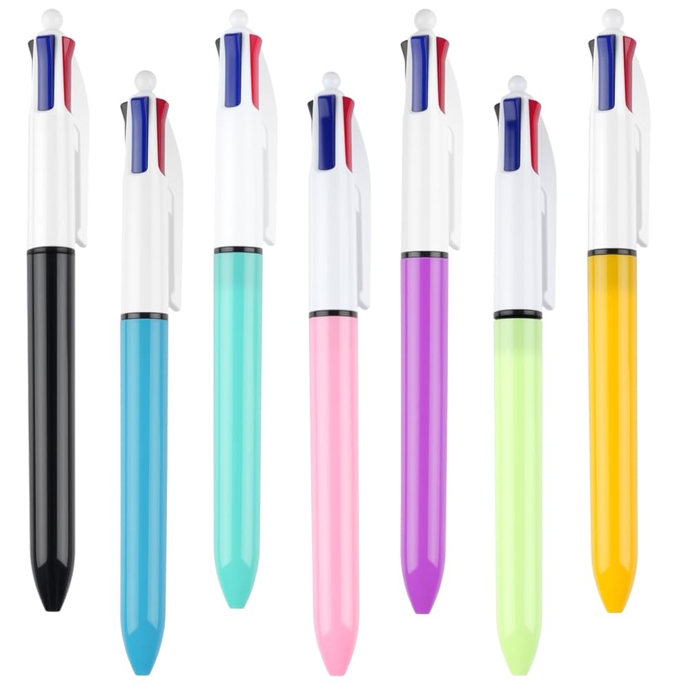 Oryven 7 Pack 4-in-1 Retractable Multicolour Ballpoint Pens, 1mm Tip Four Colour Click Pens for School Office Home Stationery
