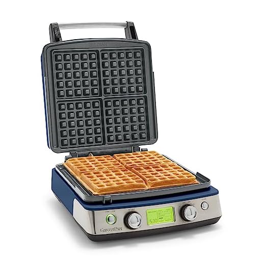 GreenPan Elite 4-Square Belgian & Classic Waffle Iron, Healthy Ceramic Nonstick Aluminum Dishwasher Safe Plate, Adjustable Shade/Crunch Control Wont Overflow Easy Clean,Breakfast,PFAS-Free,Oxford Blue