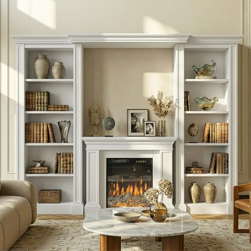 Homsee 112.6" Large Bookcase with 1500/750W Electric Fireplace Insert, Entertainment Center Wall Unit with Storage, 5-Tier Tall Display Cabinet Bookshelves and Bookcases for Living Room, White