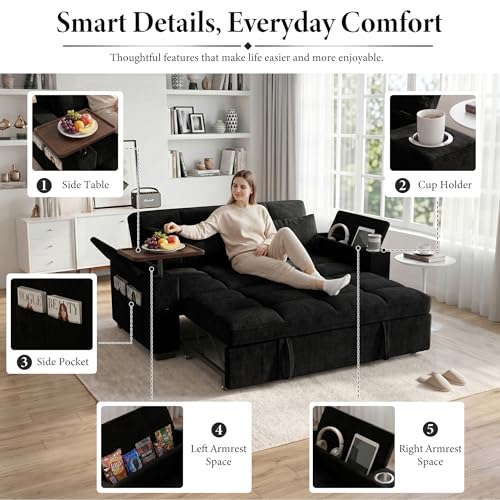 Image of Dreamzie 65'' Convertible Sleeper Sofa Bed with 90 Swivel Side Table, Chenille Pull Out Couch for Living Room, Loveseat Sleeper with Hidden Storage Space | Charging Port | Cup Holders, Black