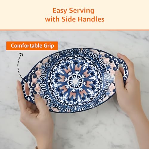 Image of Amazon Basics Ceramic Serving Platter with Handles | Blue Mandala Print Microwave & Dishwasher Safe Serveware | Ideal for Gifting, Serving Snacks, Appetizers, Salads, Starters & Noodles (10.8 Inch)