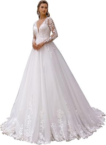 Womens Long Boho Beach Wedding Dresses for Wedding Lace Applique Tulle A Line Bridal Gowns with Sleeve HD904
