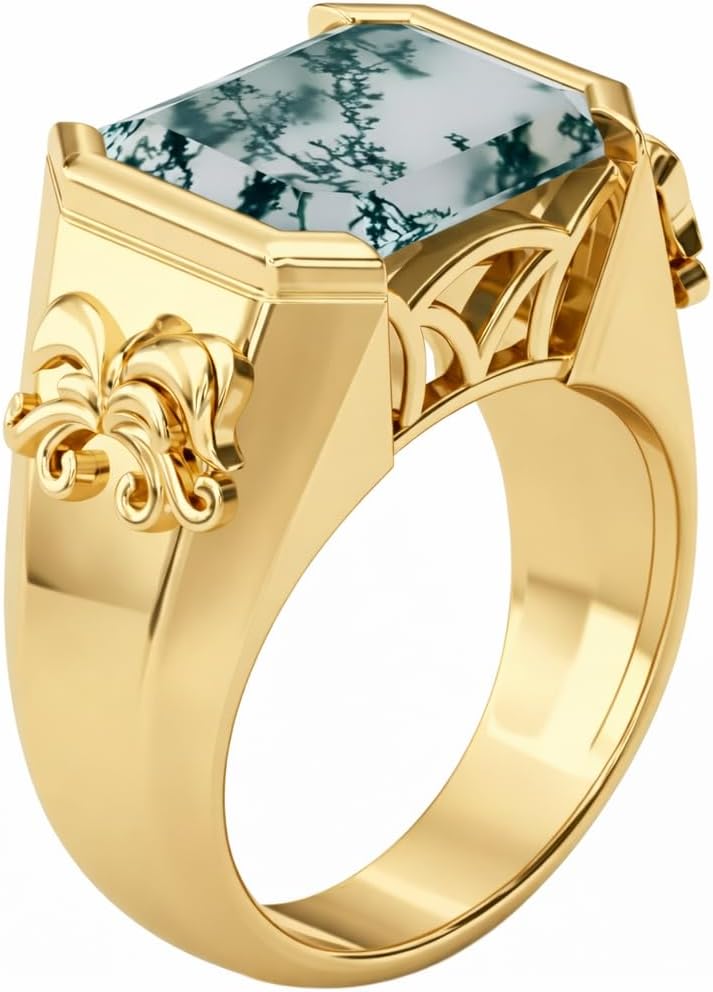 Moss Agate Diamond Ring in 925 Sterling Silver Engagement Ring with Natural Stone Diamond Accents Custom Engraving Available Yellow Rose White Black Gold Finish