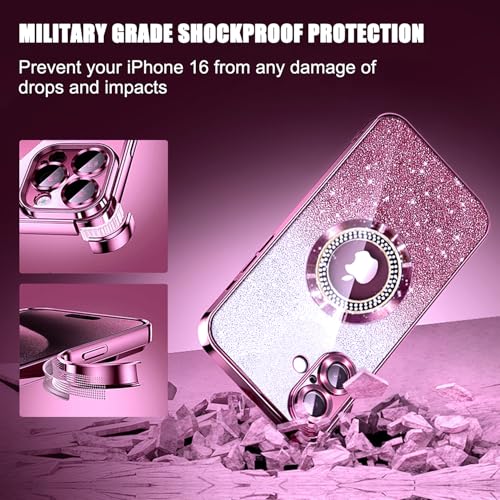 Image of Misscase for iPhone 16 Magnetic Glitter Case Compatible with MagSafe,Full Protection Slim Shockproof Anti-Scratch Case with Camera Lens Protector Logo View Dust-Proof Net for Women Pink