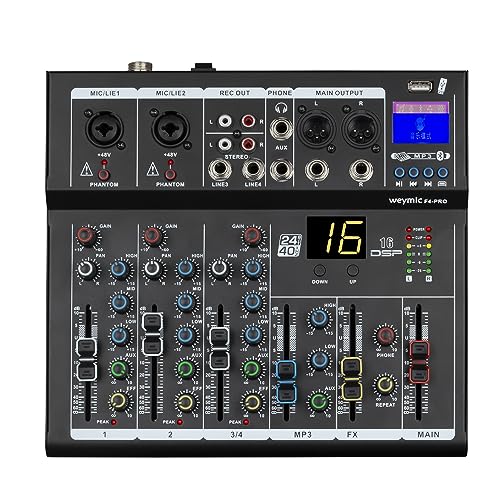 Weymic F4-Pro Professional Mixer | 4-Channel 2-Bus Mixer/w USB Audio Interface for Recording DJ Stage Karaoke Music Application