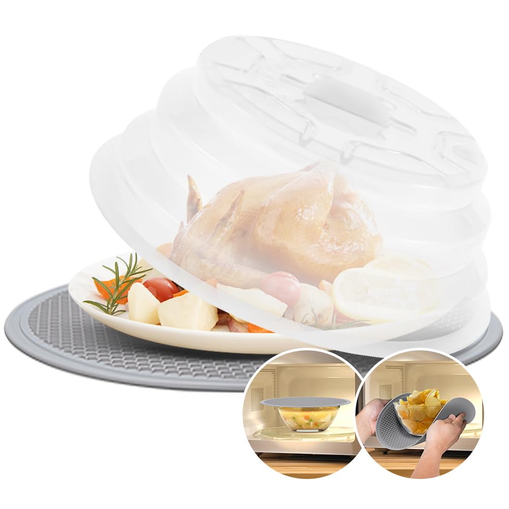 Mikrowellen-Abdeckung für Lebensmittel, Mikrowellen-Spritzschutz, Silikon, Mikrowellenteller-Abdeckung, Geschirrabdeckungen für Mikrowelle, Kochen, Spritzschutz mit Mikrowellenmatte (durchsichtig weiß