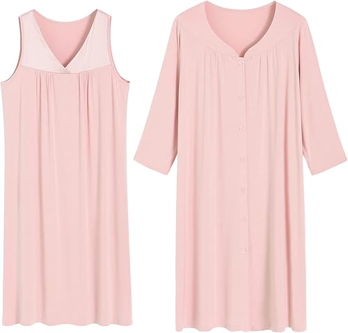 Latuza Conjunto de camisón y bata de viscosa para mujer con botones delanteros