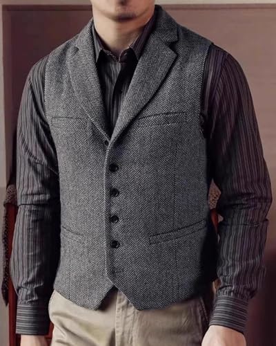 VENNYNG Men's Herringbone Notch Lapel Vest with 2 Waist and 2 Chest Pockets Slim Fit Formal Waistcoat for Weddings Casual3