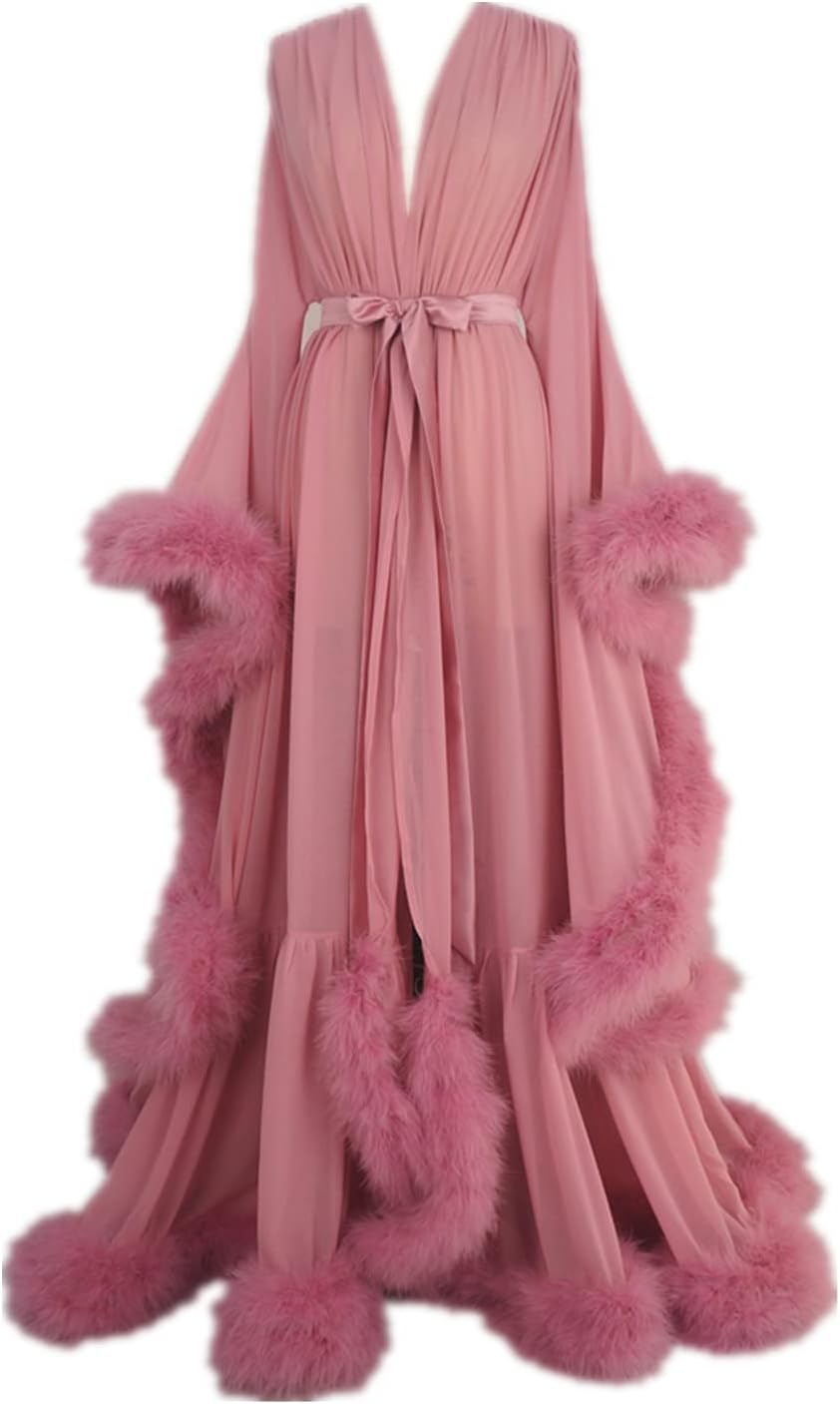 Long Chiffon Fur Robe Marabou Edge Pajamas Wedding Gift Birthday Dress Anniversary Photography Wear Boudoir Lingerie Gown