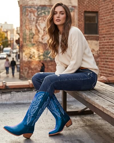 Image of Uillnoodu Wide Calf Cowboy Boots Women Adjustable Lace Up Knee High Tall Plus Size Cowgirl Boots Western Style Comfortable 2-Inch Heel