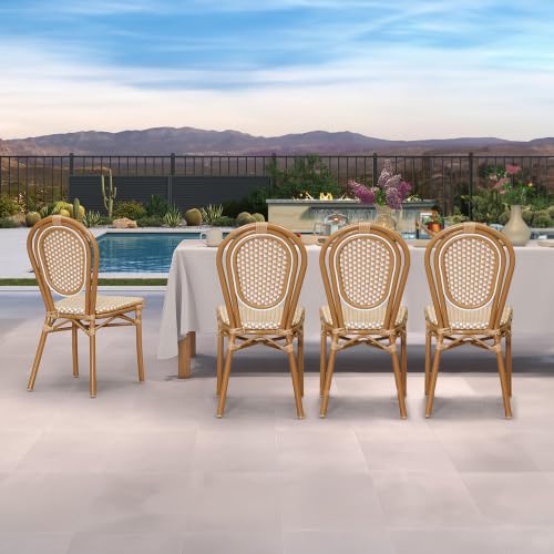 Image of PURPLE LEAF Patio Dining Chair Set of 4 Outdoor French Aluminium Frame in Bamboo Finish with Amber & White Woven Rattan for Indoor Kitchen Deck Bistros Cafe Restaurant
