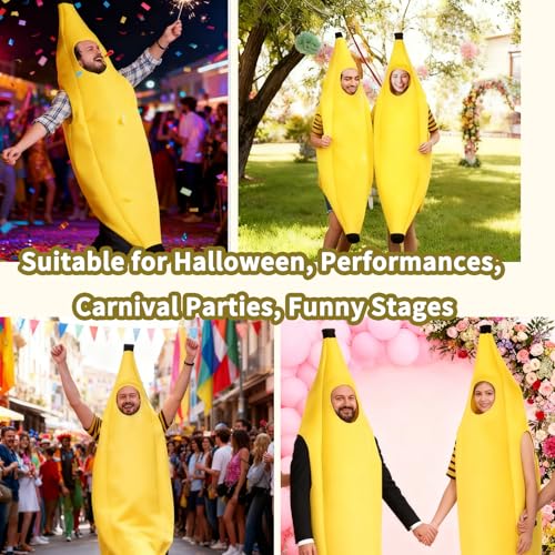 KQDRAVINE Kostium bananowy dla dorosłych, uniseks, zabawny kostium banana z żółtymi okularami, na karnawał, Halloween i imprezę cosplay, zabawny kostium dla mężczyzn i kobiet, 150-175 cm, kostium